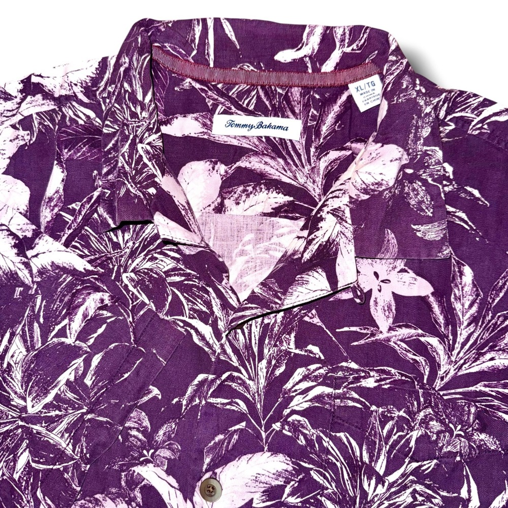 Tommy Bahama Mens XL Silk Tropical Floral Camp Shirt Purple Short Sleeve Button